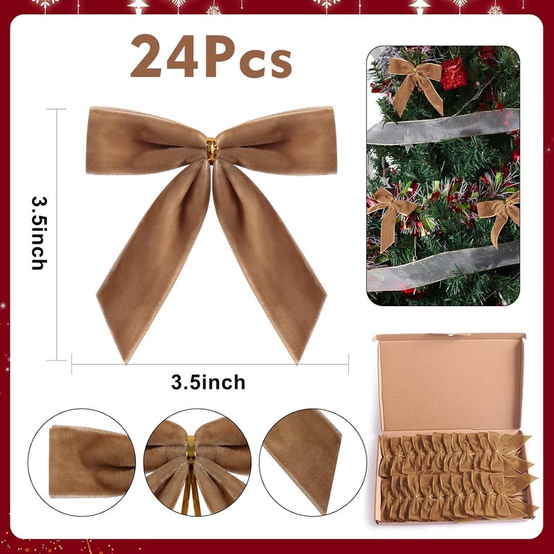 Utehilly 24 Pcs Champagne Brown Small Velvet Christmas Bows for Christmas Tree, Wreath, Gift Wrapping, Crafts, Wedding, Party, Twist Tie Bows for Treat Bag Bakery Candy Bags 1" W,3.5 x 3.5 inch - Image 3